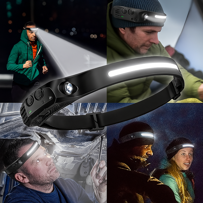 Lampe frontale LED rechargeable ultra légère avec détection de mouvement – Éclairage mains libres pour les activités de plein air